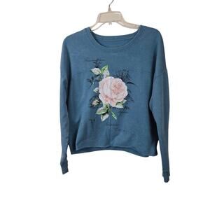 Rebellious One Boho Cropped Blue Floral Butterfly Sweater Drop Shoulders  Soft M